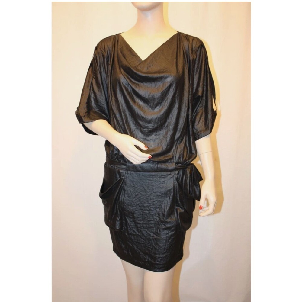 BCBGMAXAZRIA Black Dolman Sleeve Wet Look Cowl Neck Mini Dress Size Small